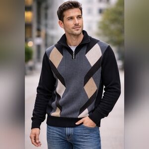 Men's Zip-Up Sweater with Geometric Design - Black, Gray, and Tan
